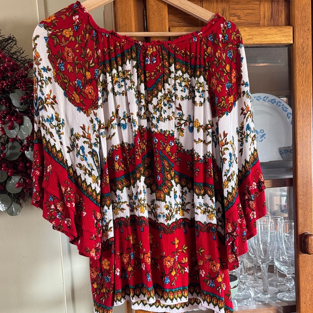 Bila Red, White and Blue Floral Boho Peasant Top with Tassel Tie Medium - Picture 6 of 9